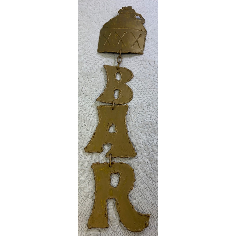 Vtg 70's Rustic Metal BAR Sign Moonshine Jug XXX Wall Art Gold Tone Folk Decor